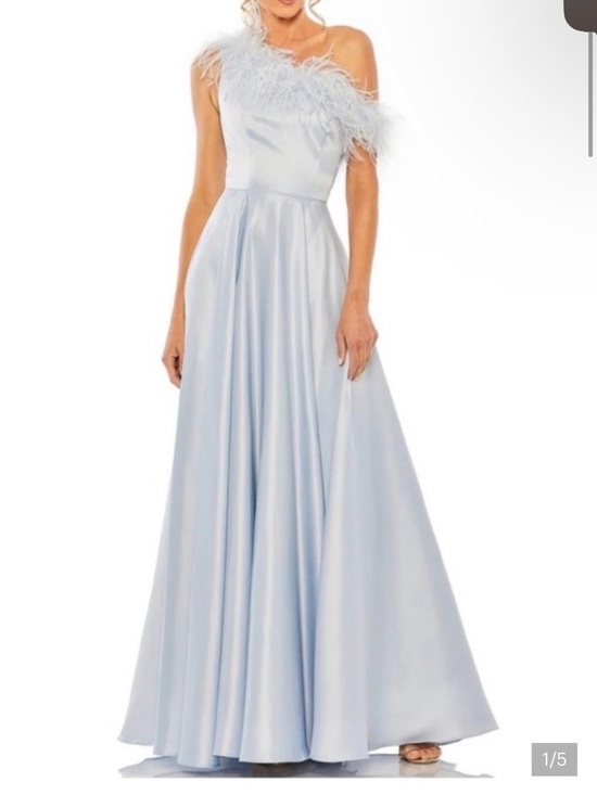 Mac Duggal Dresses & Skirts - Mac Duggal Pale Blue One-Shoulder Satin Gown with Feather Trim